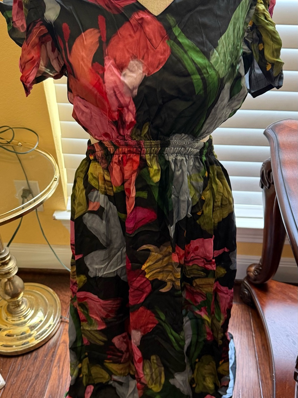 Black Floral Midi Dress with Pink & Green Blooms